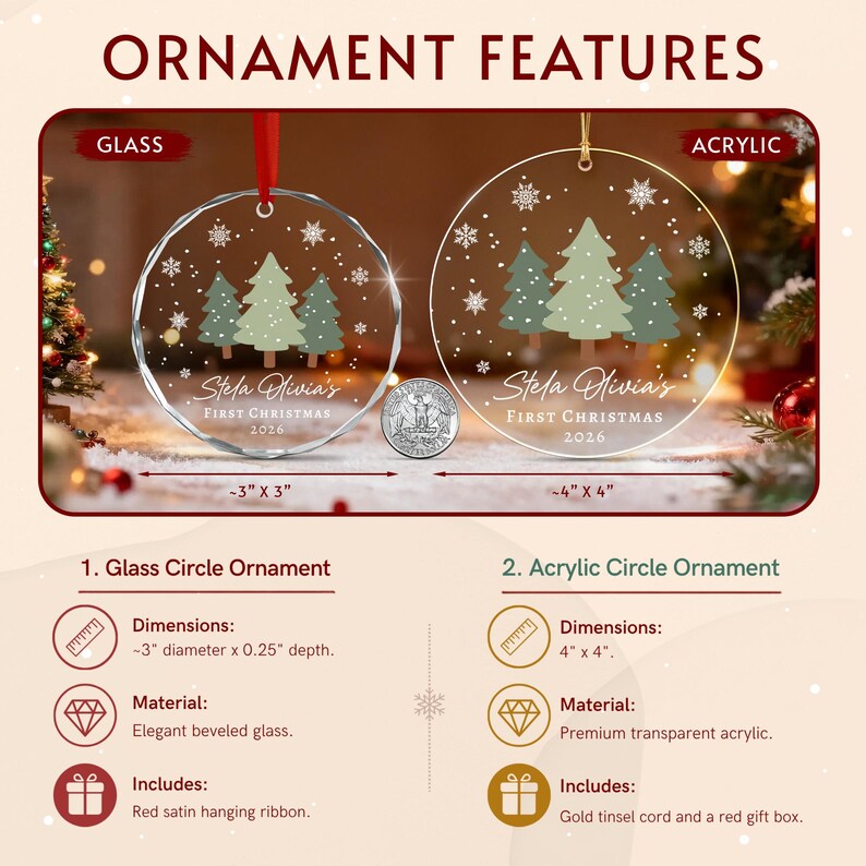 Two circular Christmas ornaments, one glass and one acrylic, featuring a printed forest of three green pine trees, white snowflakes, and the text 'Stela Olivia's FIRST CHRISTMAS 2026'.