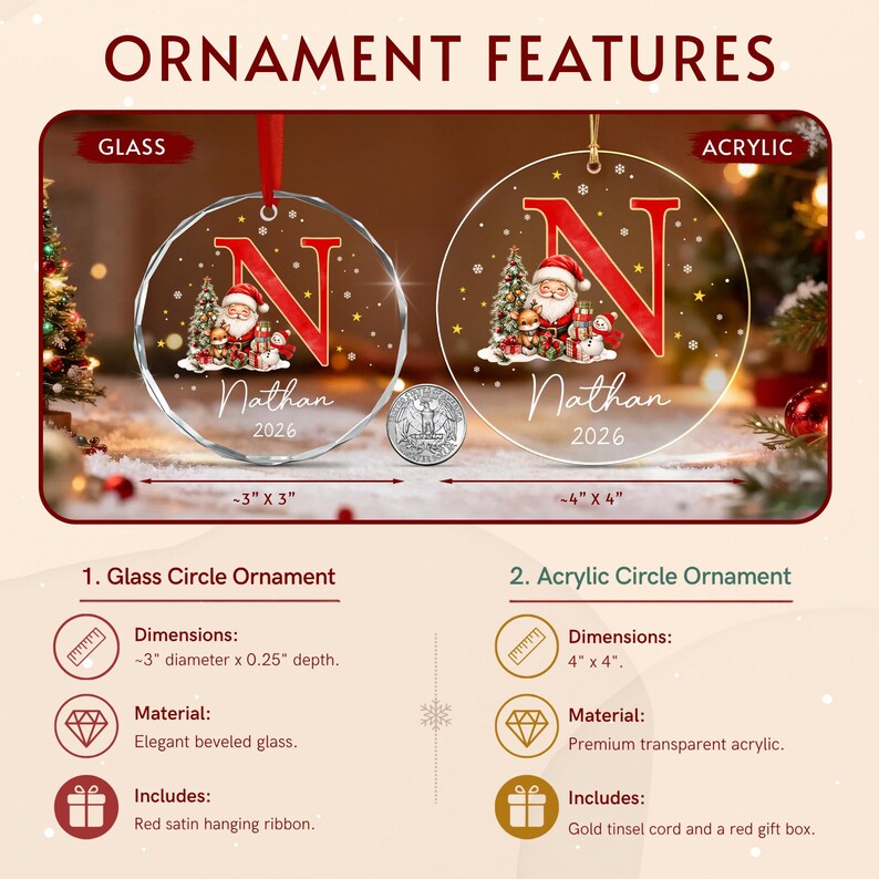 Two round Christmas ornaments featuring a large red letter N, a Santa Claus illustration, and the name Nathan 2026.