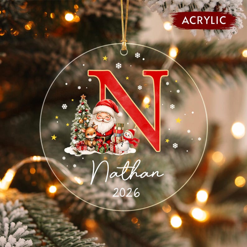 Santa Snowman Initial Kid Name Ornament