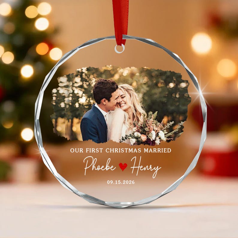 First Christmas Married Wedding Photo Ornament