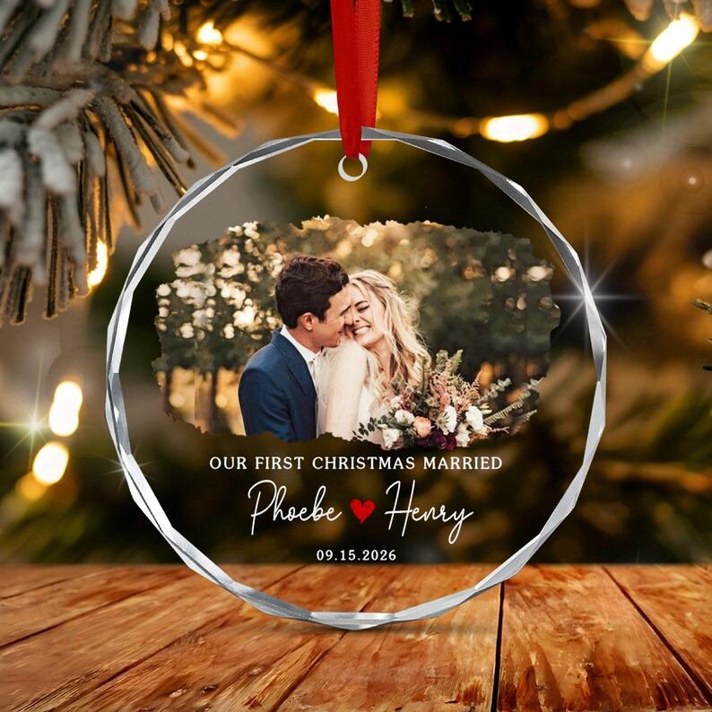 First Christmas Married Wedding Photo Ornament