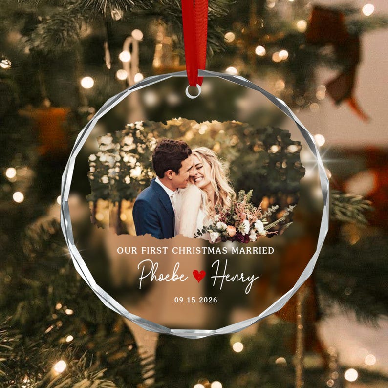 First Christmas Married Wedding Photo Ornament