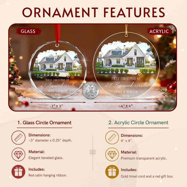 Two round ornaments featuring a house image and the text 'FIRST CHRISTMAS AT 27 Rosewood circle JAVIS & REBECCA 2026'.
