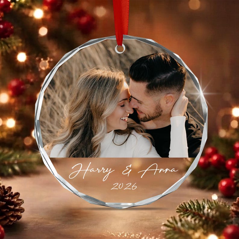 Couple Picture & Name Glass Ornament