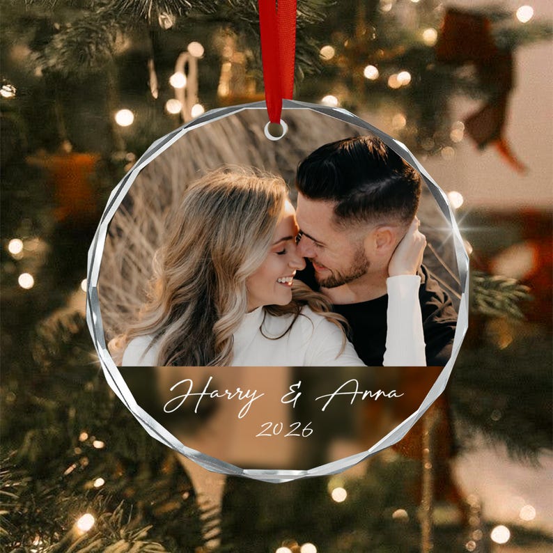 Couple Picture & Name Glass Ornament
