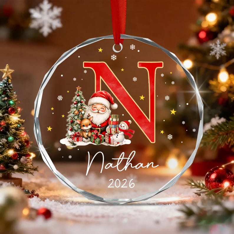Santa Snowman Initial Kid Name Ornament