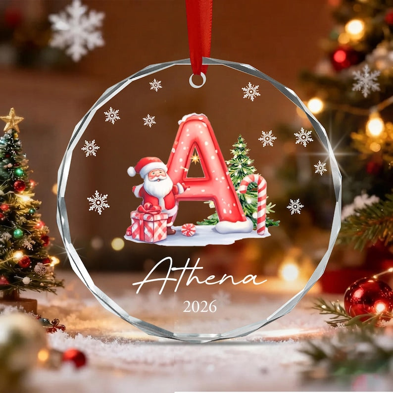 Santa Claus Initial Kid Name Glass Ornament