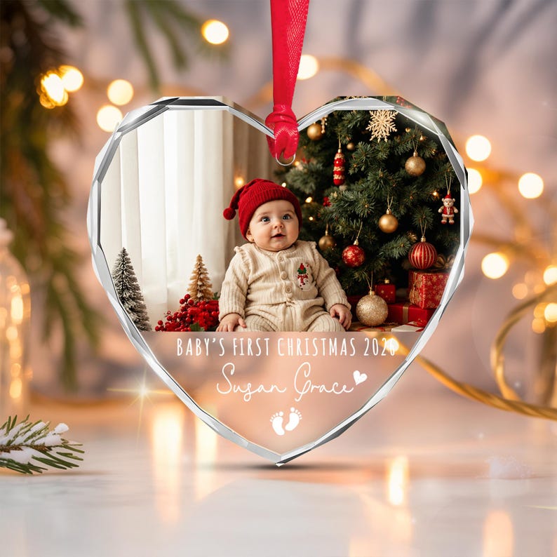 Baby Photo Heart Glass Ornament 2026