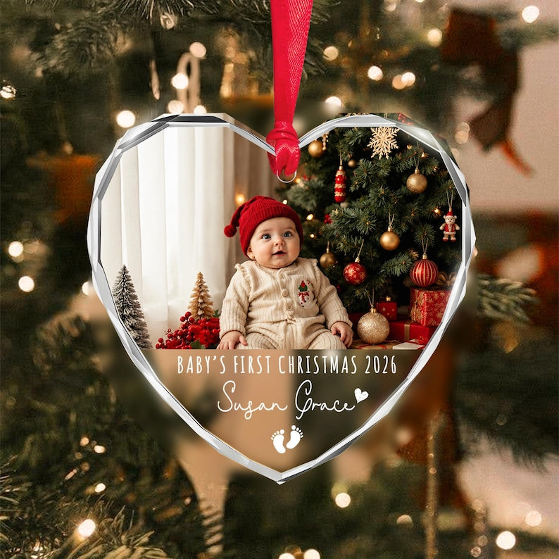 Baby Photo Heart Glass Ornament 2026