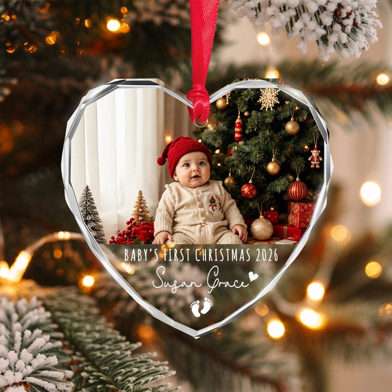 Baby Photo Heart Glass Ornament 2026
