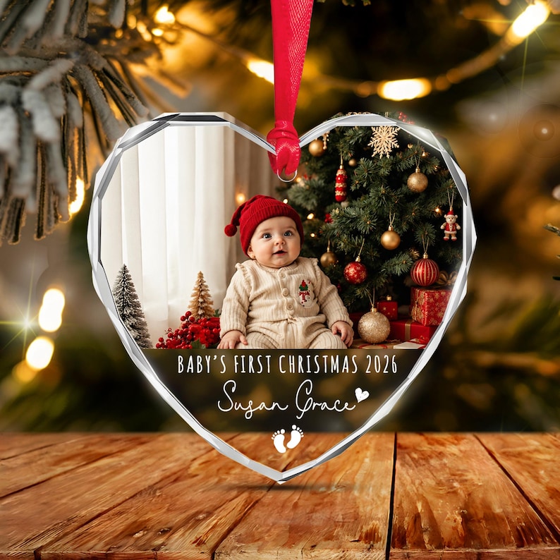 Baby Photo Heart Glass Ornament 2026