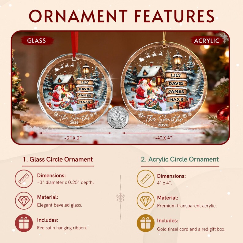 Two circular Christmas ornaments, one glass and one acrylic, featuring a winter scene with Santa, a snowman, and a signpost with the names Lily, David, James, and Max. The text reads The Smiths 2026.