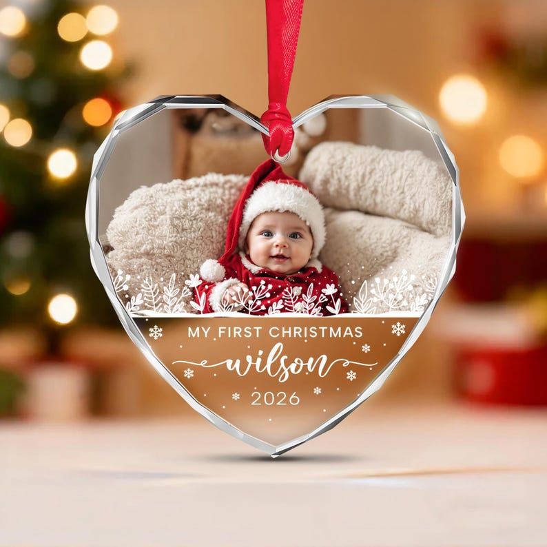 Baby Photo Heart Glass Christmas Ornament