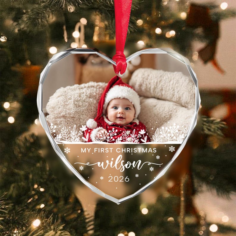 Baby Photo Heart Glass Christmas Ornament