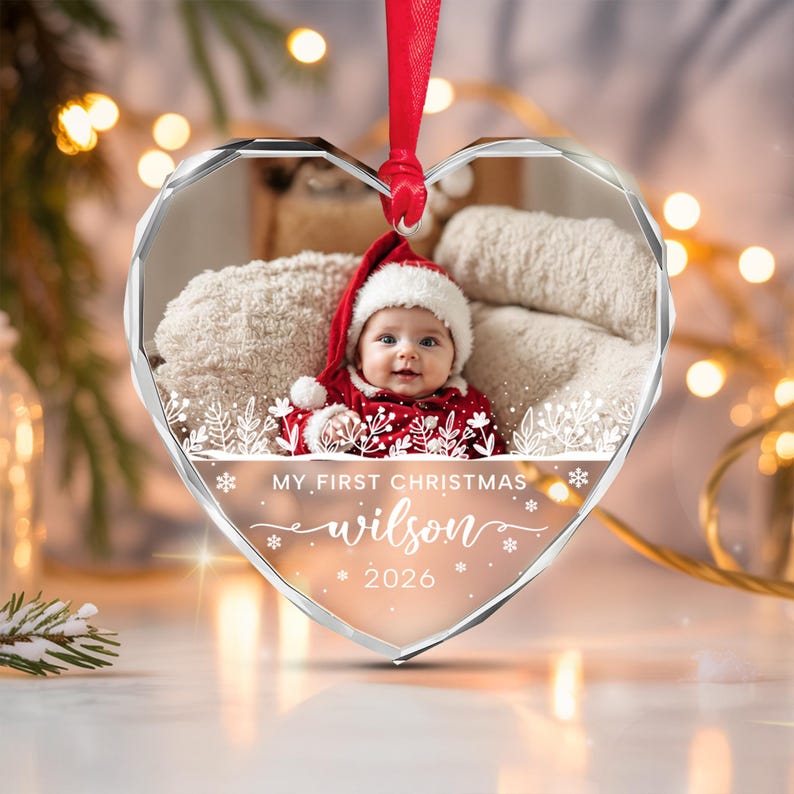 Baby Photo Heart Glass Christmas Ornament