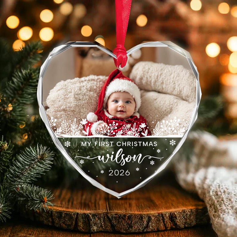 Baby Photo Heart Glass Christmas Ornament