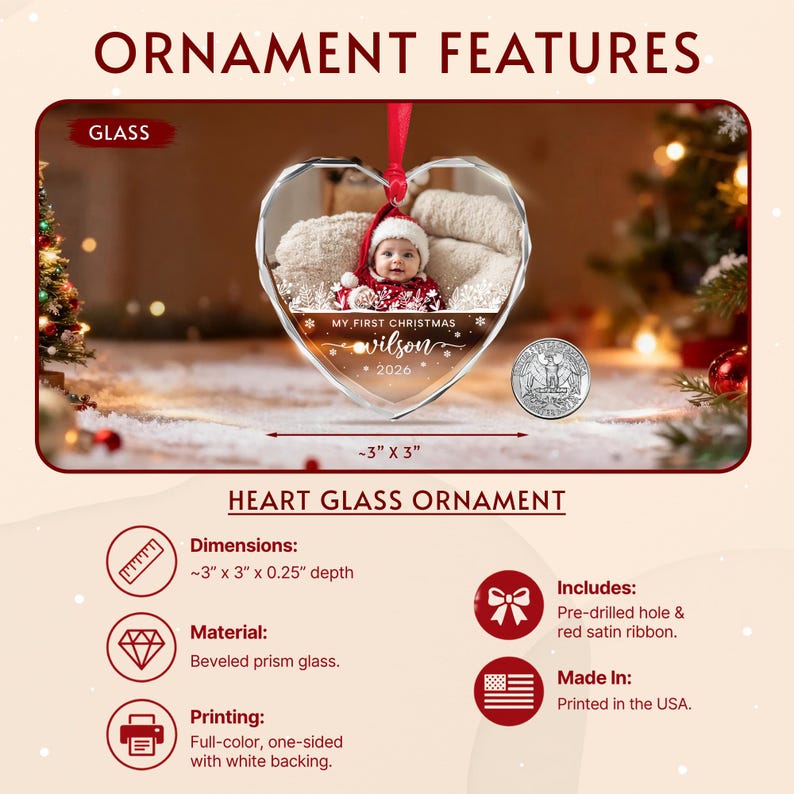 Baby Photo Heart Glass Christmas Ornament