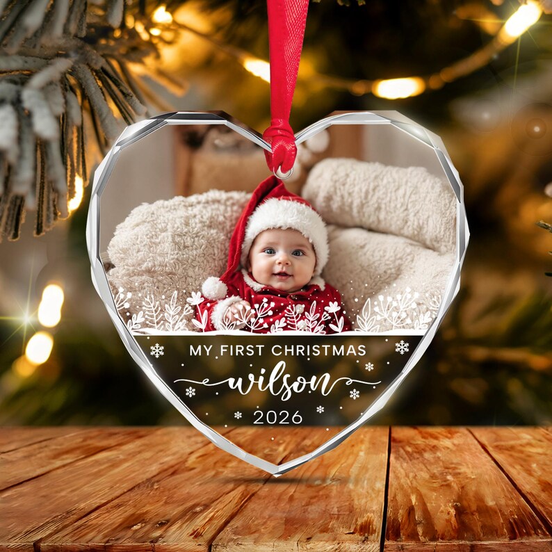 Baby Photo Heart Glass Christmas Ornament