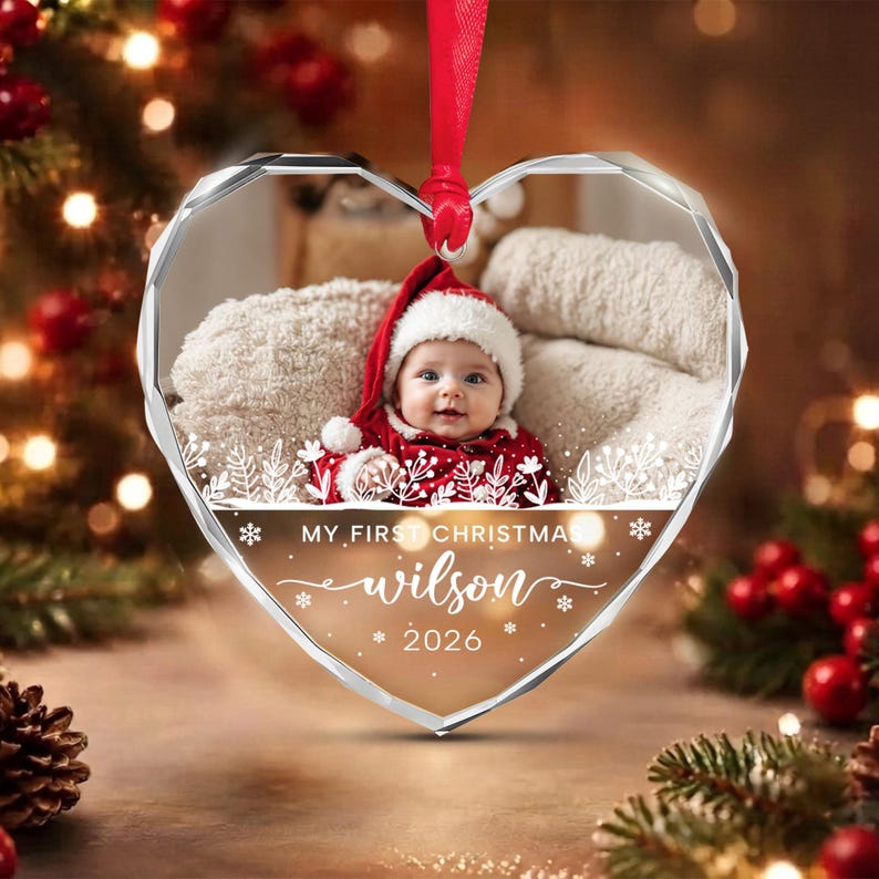 Baby Photo Heart Glass Christmas Ornament