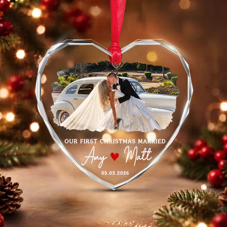 Wedding Date & Name Photo Christmas Ornament