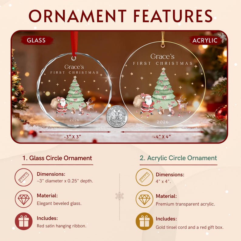 Two circular Christmas ornaments, one glass and one acrylic, featuring a printed graphic of a Santa Claus, a Christmas tree, and a reindeer. The text reads Grace's FIRST CHRISTMAS 2026.