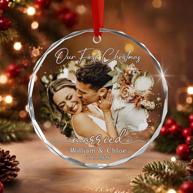 First Married Christmas Photo Glass Ornament