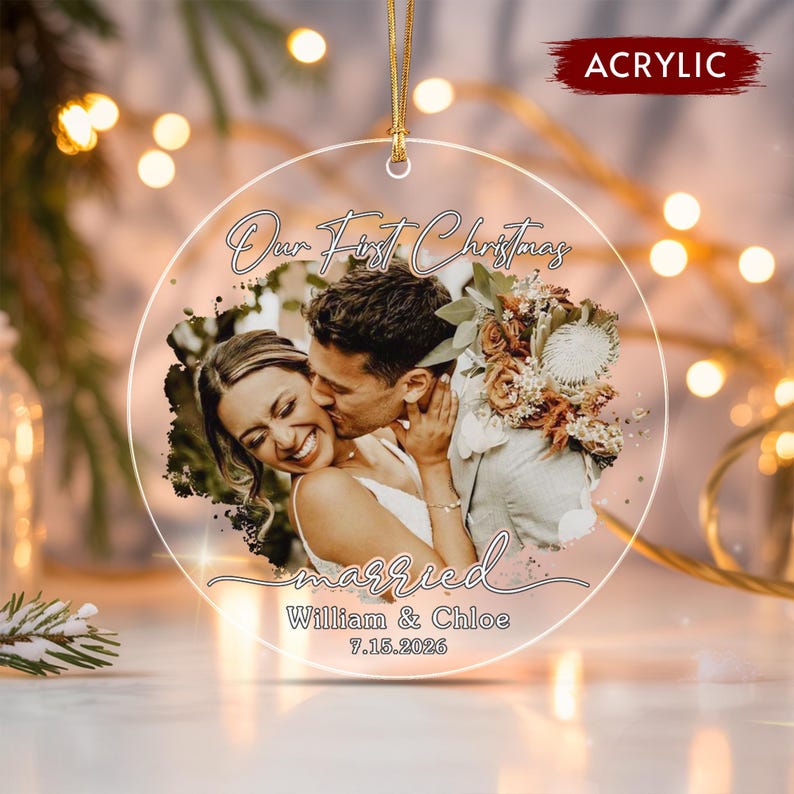 First Married Christmas Photo Glass Ornament