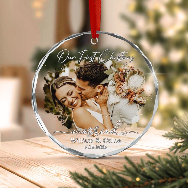 First Married Christmas Photo Glass Ornament