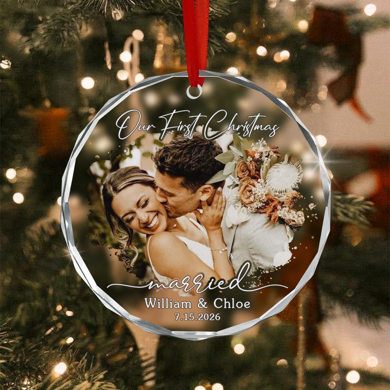 First Married Christmas Photo Glass Ornament