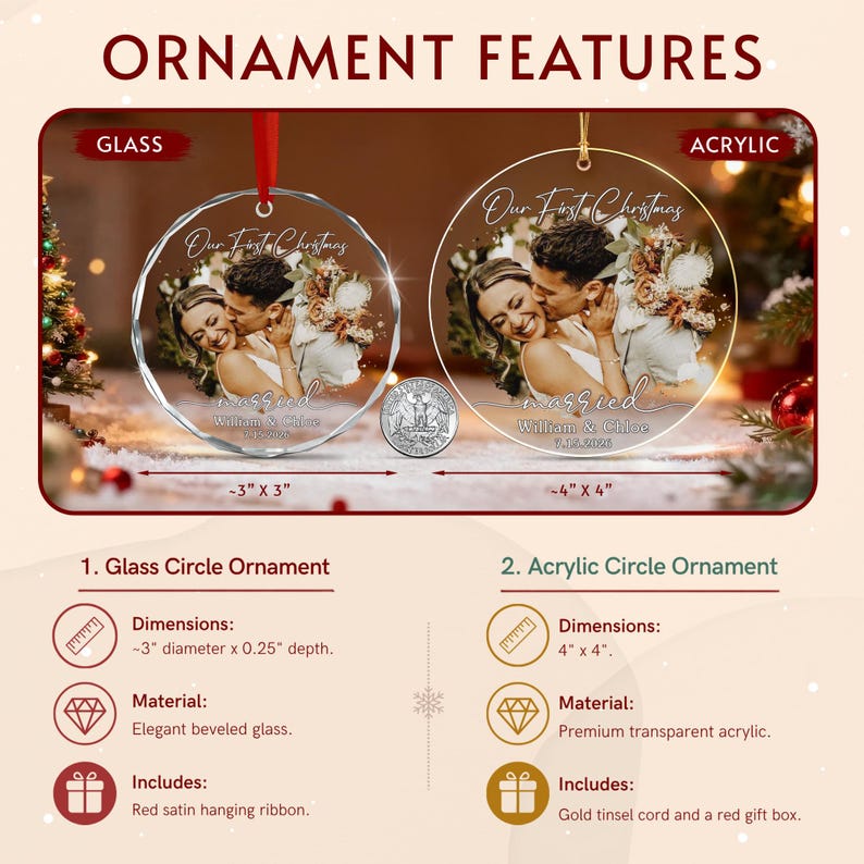 First Married Christmas Photo Glass Ornament