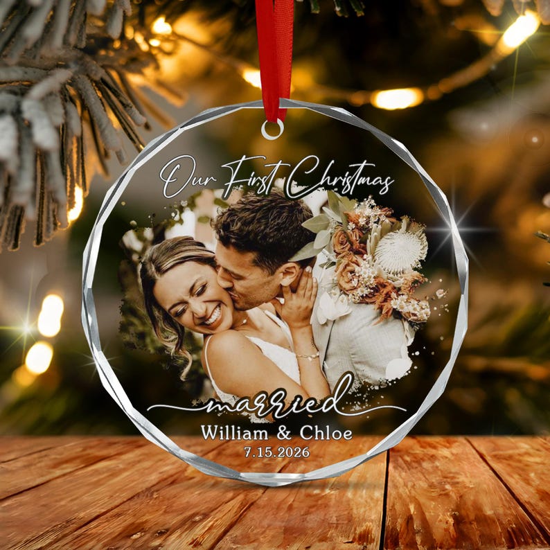 First Married Christmas Photo Glass Ornament