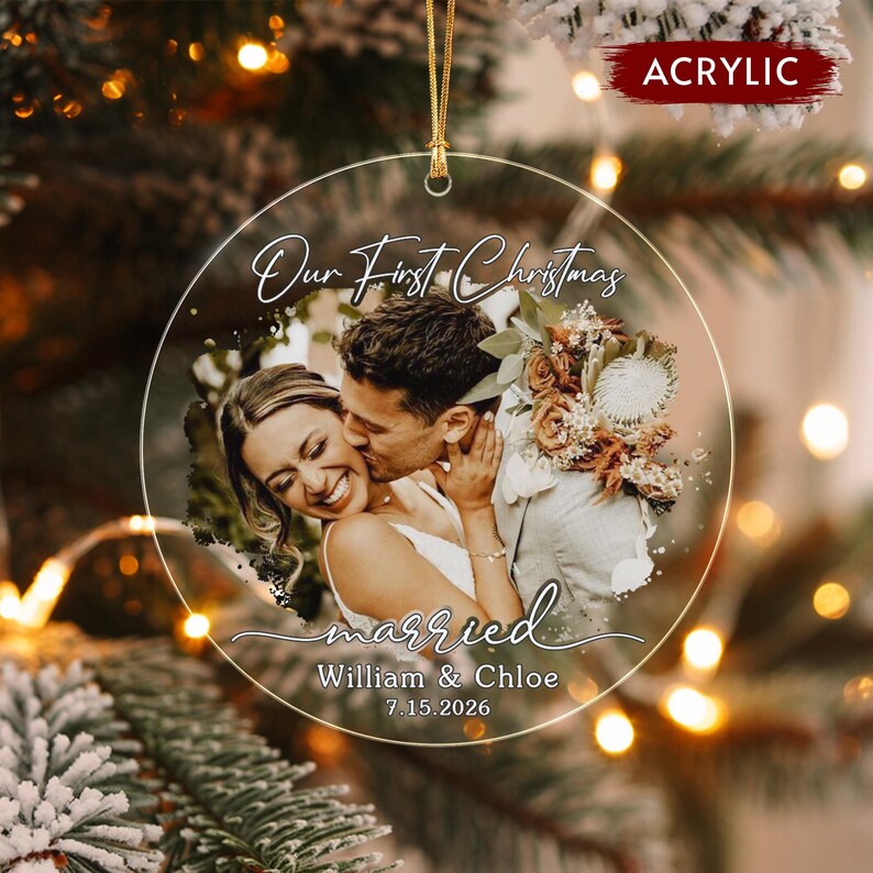 First Married Christmas Photo Glass Ornament