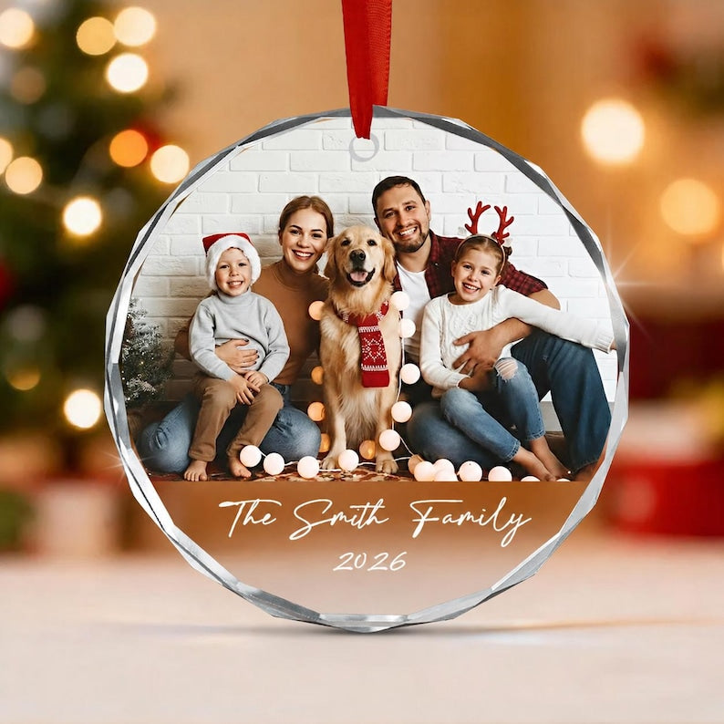 Family Photo Glass Christmas Ornament