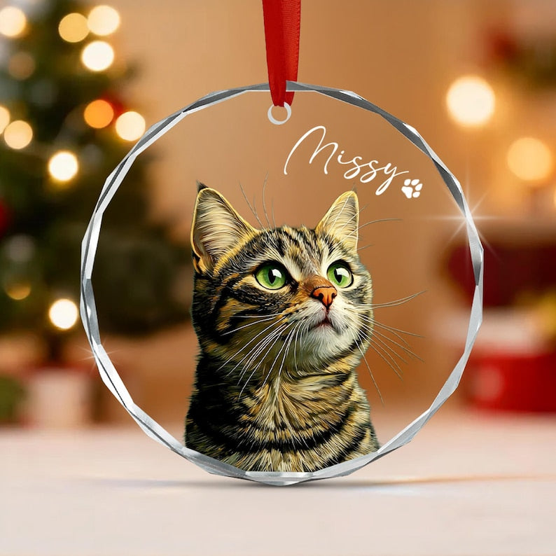 Cat Portrait Christmas Glass Ornament