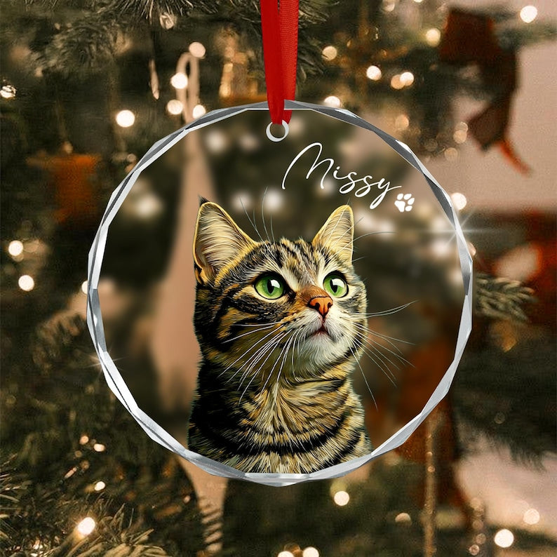Cat Portrait Christmas Glass Ornament