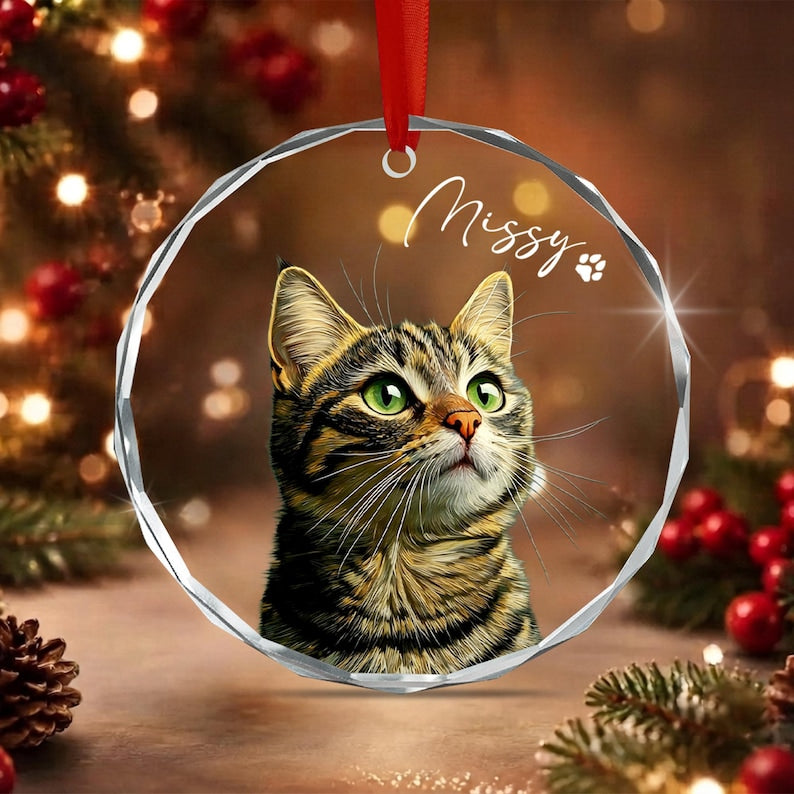 Cat Portrait Christmas Glass Ornament