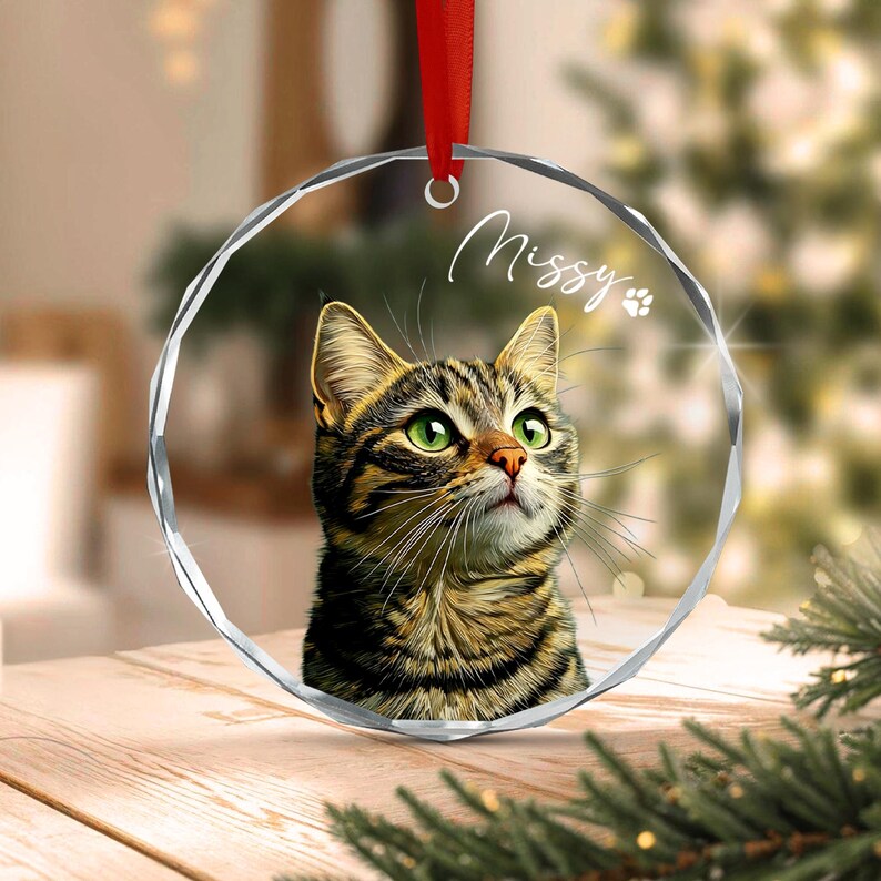 Cat Portrait Christmas Glass Ornament