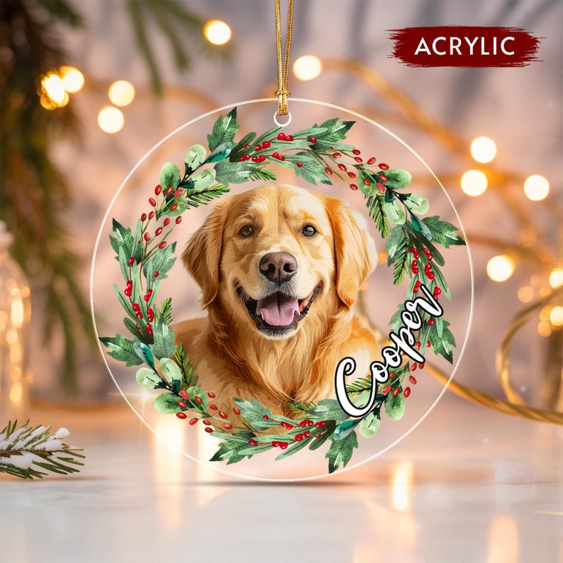 Dog Photo Watercolor Wreath Ornament