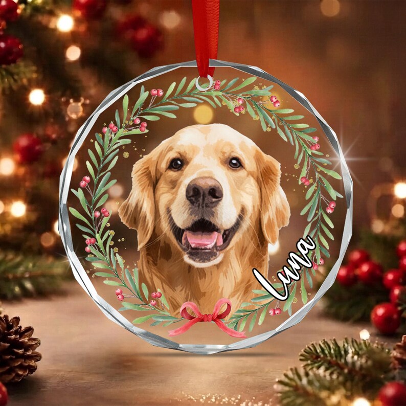 Dog Photo Christmas Wreath Name Ornament