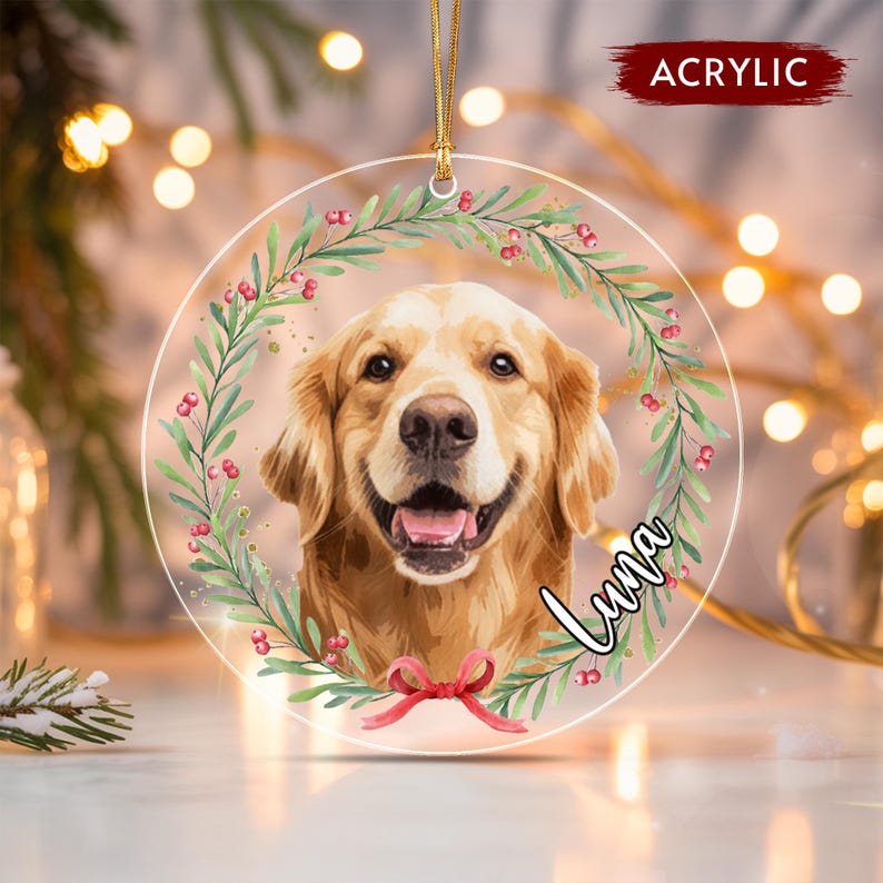 Dog Photo Christmas Wreath Name Ornament