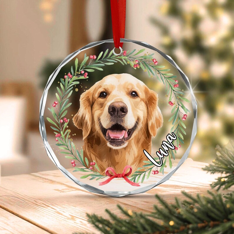 Dog Photo Christmas Wreath Name Ornament