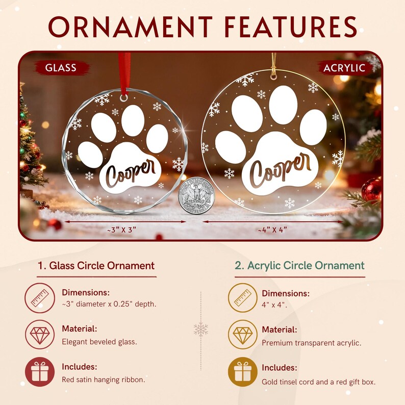 Two circular ornaments featuring a white paw print design and the name Cooper. The left ornament is beveled glass measuring 3 inches by 3 inches with a red ribbon.