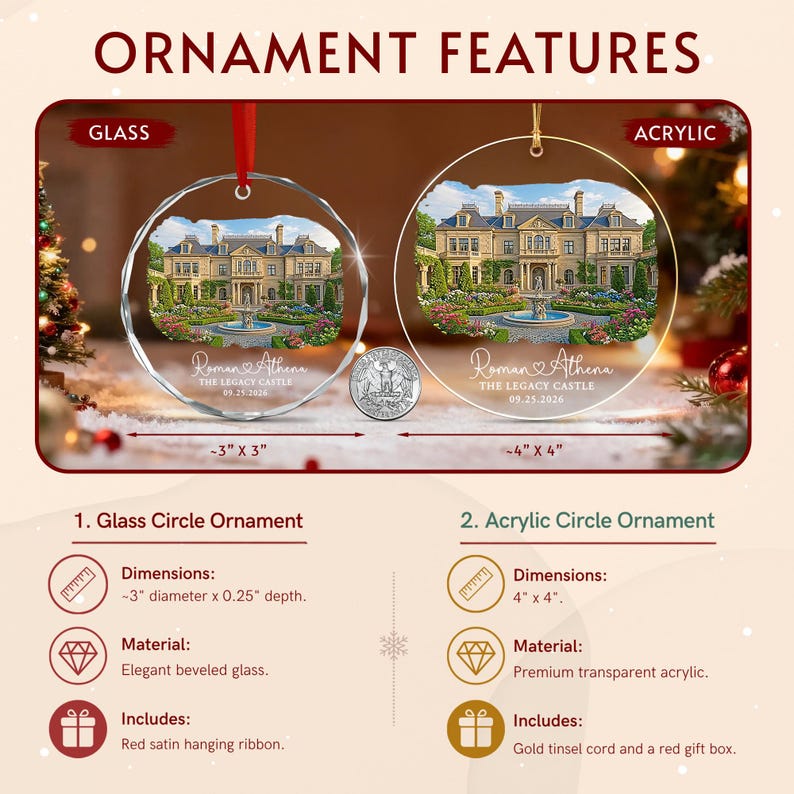 Two circular ornaments featuring a printed image of a large stone mansion with a fountain. One is beveled glass with a red ribbon, the other is transparent acrylic with a gold cord.