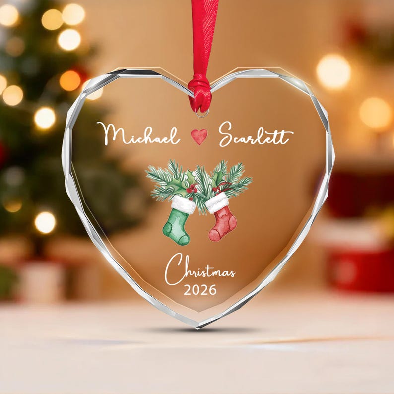 Couple Stocking Heart Glass Name Ornament