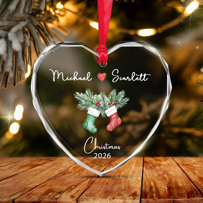 Couple Stocking Heart Glass Name Ornament