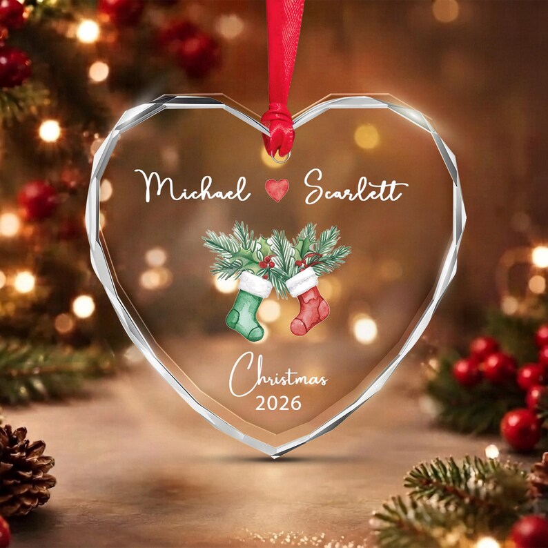 Couple Stocking Heart Glass Name Ornament