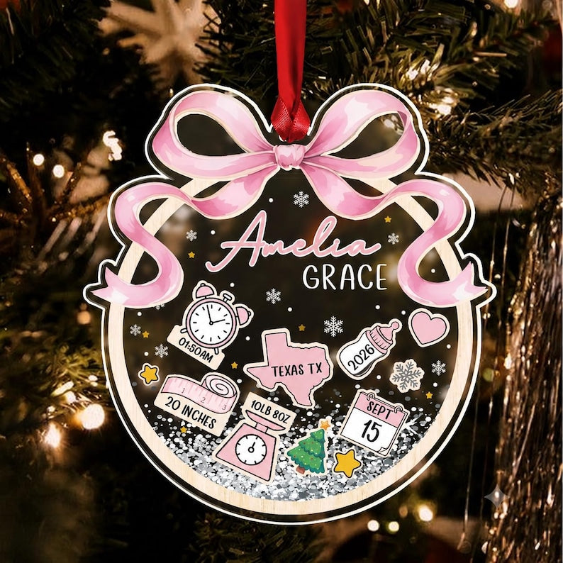Baby Girl Pink Bow Christmas Ornament