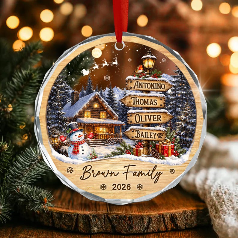 Family & Pet Name Signpost Glass Ornament