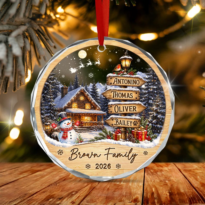 Family & Pet Name Signpost Glass Ornament