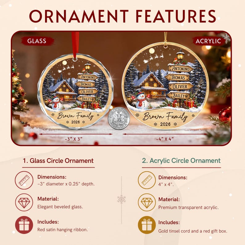 Two circular Christmas ornaments, one glass and one acrylic, featuring a winter scene with a cabin, snowman, and a signpost with names Antonino, Thomas, Oliver, and Bailey. Text reads Brown Family 2026.